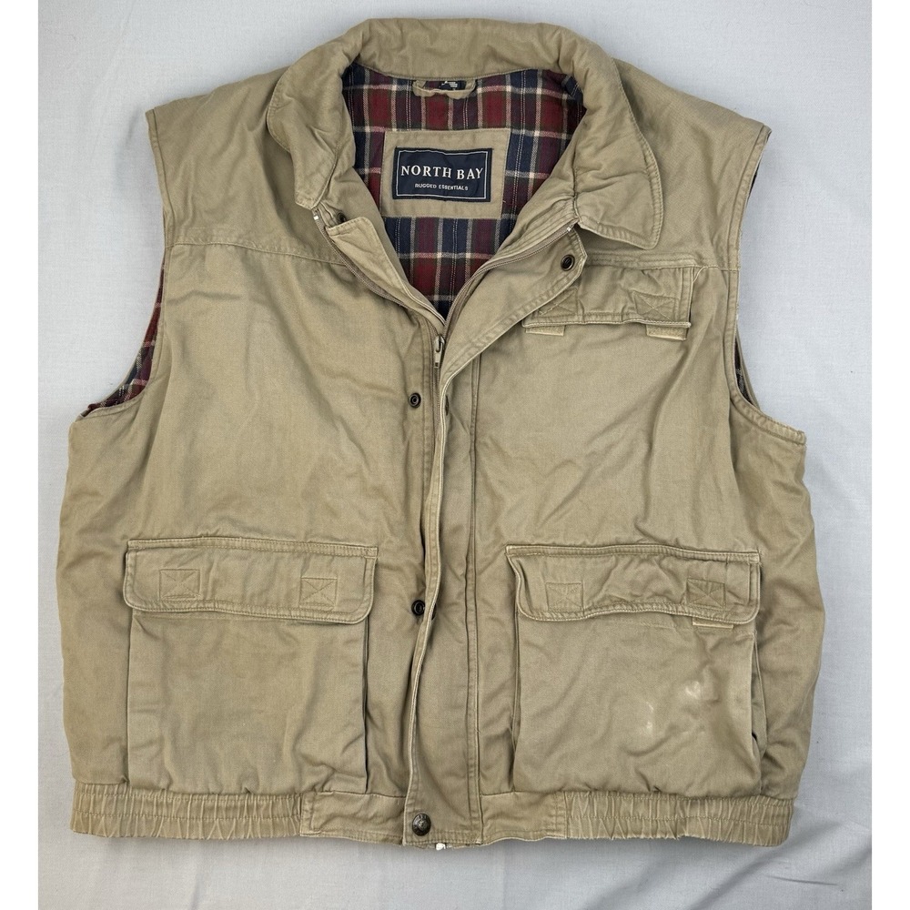 North‎ Bay Utility Vest Tan Plaid Lined Workwear Outdoor L